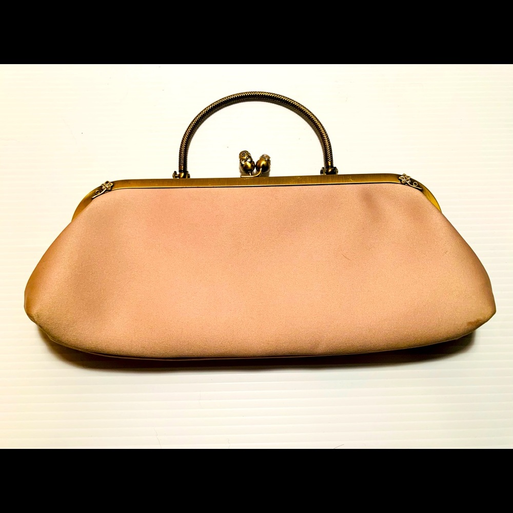 La Regale Pink Satin Frame Clutch with Gold Hardware